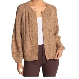 Lucky Brand Cardigan Balloon Sleeves Open Front Cable Tan Size XS